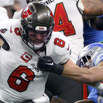 Detroit Lions safety Brian Branch sacks Tampa Bay Buccaneers quarterback Baker Mayfield during the first half against the Tampa Bay Buccaneers in the NFC Divisional Playoff at Ford Field in Detroit on Sunday, Jan. 21 2024.