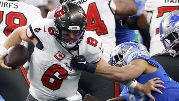 Detroit Lions safety Brian Branch sacks Tampa Bay Buccaneers quarterback Baker Mayfield during the first half against the Tampa Bay Buccaneers in the NFC Divisional Playoff at Ford Field in Detroit on Sunday, Jan. 21 2024.