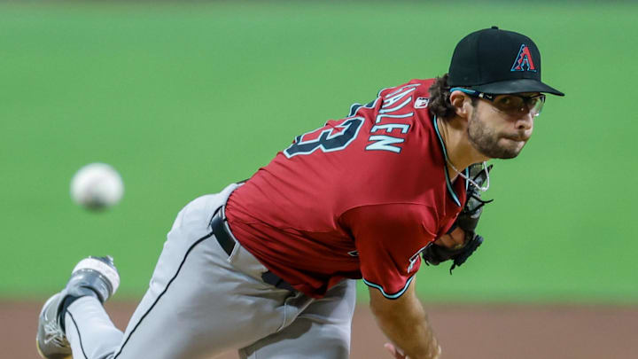 Sep 26, 2025; San Diego, California, USA; Arizona Diamondbacks starting pitcher Zac Gallen (23) throws a pitch during the first inning against the San Diego Padres at Petco Park. Mandatory Credit: David Frerker-Imagn Images