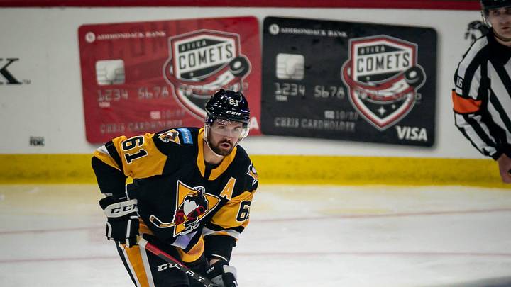 Xavier Ouellet looks for a pass as the Wilkes-Barre/Scranton Penguins played the Utica Comets on Monday, October 17, 2022 at the Adirondack Bank Center in Utica.

Ouellet Utica Comets Vs Wilkes Barre Scranton Penguins