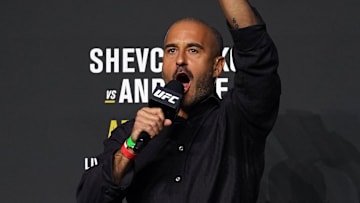 Apr 23, 2021; Jacksonville, Florida, USA;  UFC play-by-play commentator Jon Anik introduces the fighters during weigh-ins for UFC 261 at VyStar Veterans Memorial Arena. Mandatory Credit: Jasen Vinlove-Imagn Images