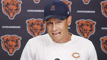 Chicago Bears head coach Ben Johnson addresses the media at Halas Hall before joint training camp practice with the Buffalo Bills ahead of Sunday's preseason game.