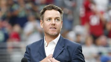 Former Arizona Cardinals quarterback Carson Palmer prepares to address the crowd during his Ring of Honor induction ceremony during halftime against the Seattle Seahawks September 29, 2019.

Seahawks Vs Cardinals