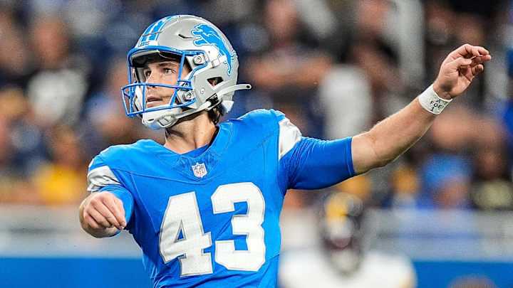 Detroit Lions kicker Jake Bates (43) attempts a field goal against Pittsburgh Steelers during the second half of a preseason game at Ford Field in Detroit on Saturday, August 24, 2024.