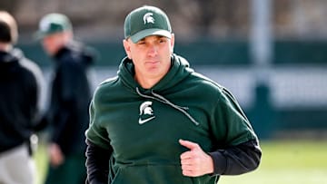 Michigan State offensive coordinator Brian Lindgren looks on during football practice on Tuesday, April 8, 2025, in East Lansing.