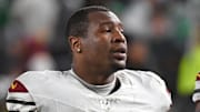 Nov 14, 2024; Philadelphia, Pennsylvania, USA; Washington Commanders defensive end Dorance Armstrong (92) and defensive end Clelin Ferrell (99) against the Philadelphia Eagles at Lincoln Financial Field. Mandatory Credit: Eric Hartline-Imagn Images