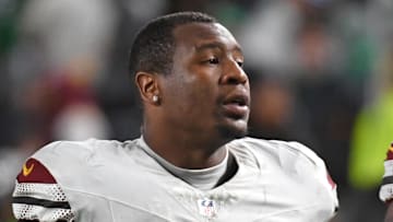 Nov 14, 2024; Philadelphia, Pennsylvania, USA; Washington Commanders defensive end Dorance Armstrong (92) and defensive end Clelin Ferrell (99) against the Philadelphia Eagles at Lincoln Financial Field. Mandatory Credit: Eric Hartline-Imagn Images