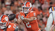 Clemson quarterback Cade Klubnik (2) takes a snap playing Louisiana State University during the second quarter at Memorial Stadium in Clemson, S.C. Saturday, Aug 30, 2025.