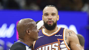 Dec 5, 2025; Houston, Texas, USA; Phoenix Suns forward Dillon Brooks (3) reacts in front of a referee during the first quarter against the Houston Rockets at Toyota Center. Mandatory Credit: Troy Taormina-Imagn Images