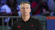 Nov 29, 2024; Paradise Island, Bahamas, BHS;  Davidson Wildcats head coach Matt McKillop looks on against the Gonzaga Bulldogs during the first half at Imperial Arena at the Atlantis resort.