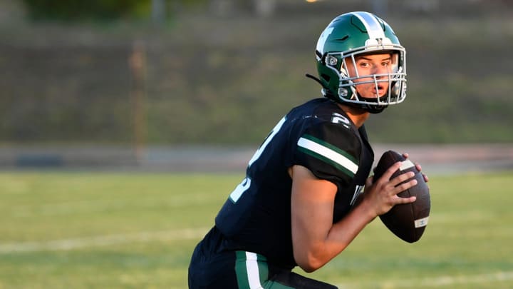 Venice's new starting quarterback Jayce Nixon (#2). Spring football was back as Venice hosted the Naples Golden Eagles at Venice's Powell-Davis Stadium Tuesday evening May 21, 2024. Venice went on to win 27-17.