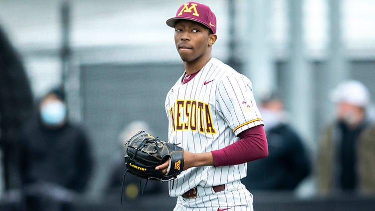 Minnesota's J.P. Massey (40) looks to the dugout during a NCAA Big Ten Conference baseball game