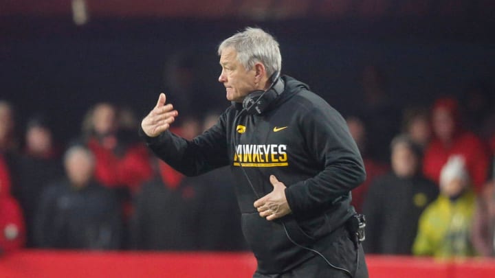 Iowa head football coach Kirk Ferentz calls his players over late in the game against Nebraska on Friday, Nov. 29, 2019, at Memorial Stadium in Lincoln, Neb