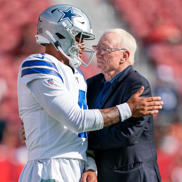 Dallas Cowboys quarterback Dak Prescott (4) and owner Jerry Jones 