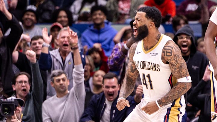 Dec 18, 2025; New Orleans, Louisiana, USA;  New Orleans Pelicans guard/forward Saddiq Bey (41) reacts to taking the lead in the game against the Houston Rockets during the second half at Smoothie King Center. Mandatory Credit: Stephen Lew-Imagn Images