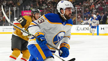 Jan 4, 2025; Las Vegas, Nevada, USA; Buffalo Sabres right wing Alex Tuch (89) skates against the Vegas Golden Knights during the first period at T-Mobile Arena. Mandatory Credit: Stephen R. Sylvanie-Imagn Images