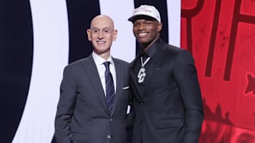 Jun 25, 2025; Brooklyn, NY, USA;  Cedric Coward stands with NBA commissioner Adam Silver after being selected as the 11th pick by the Portland Trail Blazers in the first round of the 2025 NBA Draft at Barclays Center. Mandatory Credit: Brad Penner-Imagn Images