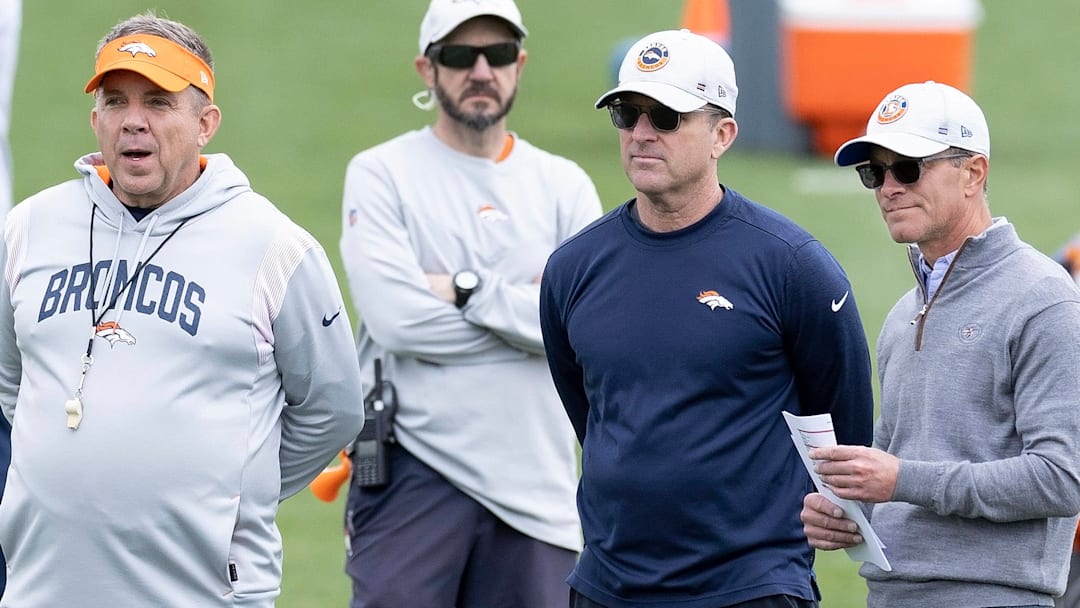 May 13, 2023, Englewood, Colorado, USA: Broncos Head Coach SEAN PAYTON, left, with General Mgr. GEORGE PATON, center, and CEO GREG PENNER look on from the field during Broncos Rookie Training Camp at the Denver Broncos Practice Facility Saturday afternoon. 