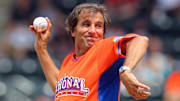 Jul 14, 2013; Flushing , NY, USA; Radio personality Christopher Russo throws out the ceremonial first pitch before the 2013 All Star Futures Game at Citi Field.