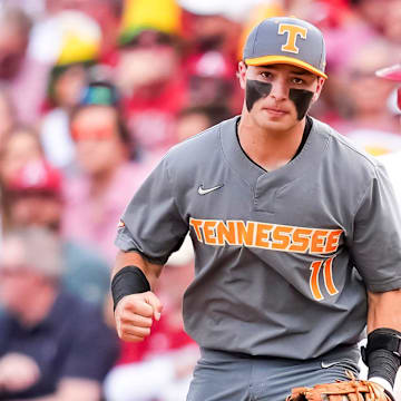 Tennessee's Andrew Fischer (11) pumps his fist after completing a double play to end the inning during game one of the NCAA baseball tournament Fayetteville Super Regional between Tennessee and Arkansas held at Baum-Walker Stadium on Saturday, June 7, 2025.