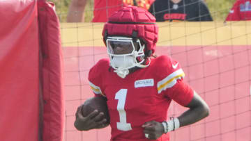 Jul 26, 2024; Kansas City, MO, USA; Kansas City Chiefs wide receiver Xavier Worthy (1) runs the ball during training camp at Missouri Western State University. Mandatory Credit: Denny Medley-USA TODAY Sports