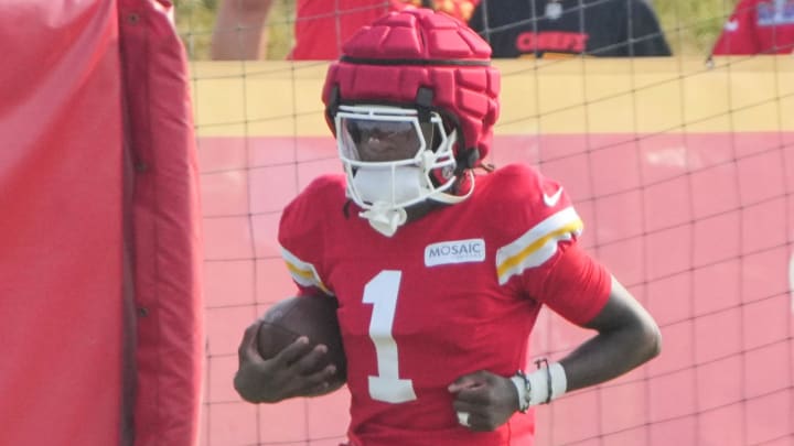 Jul 26, 2024; Kansas City, MO, USA; Kansas City Chiefs wide receiver Xavier Worthy (1) runs the ball during training camp at Missouri Western State University. Mandatory Credit: Denny Medley-USA TODAY Sports