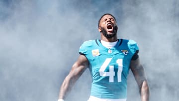 Oct 12, 2025; Jacksonville, Florida, USA; Jacksonville Jaguars defensive end Josh Hines-Allen (41) runs on the field before the game against the Seattle Seahawks at EverBank Stadium.