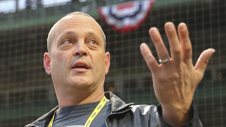 Oct 29, 2016; Chicago, IL, USA; Movie actor Vince Vaughn before game four of the 2016 World Series between the Chicago Cubs and the Cleveland Indians at Wrigley Field. Mandatory Credit: Dennis Wierzbicki-Imagn Images
