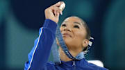 Gymnast Jordan Chiles with her bronze medal on Aug 5, 2024.