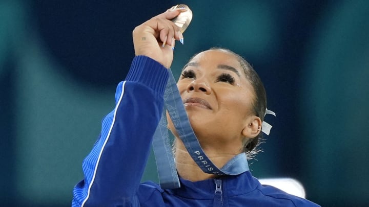 Jordan Chiles of the United States celebrates her bronze medal on the floor exercise at the 2024 Olympic Summer Games in Paris.