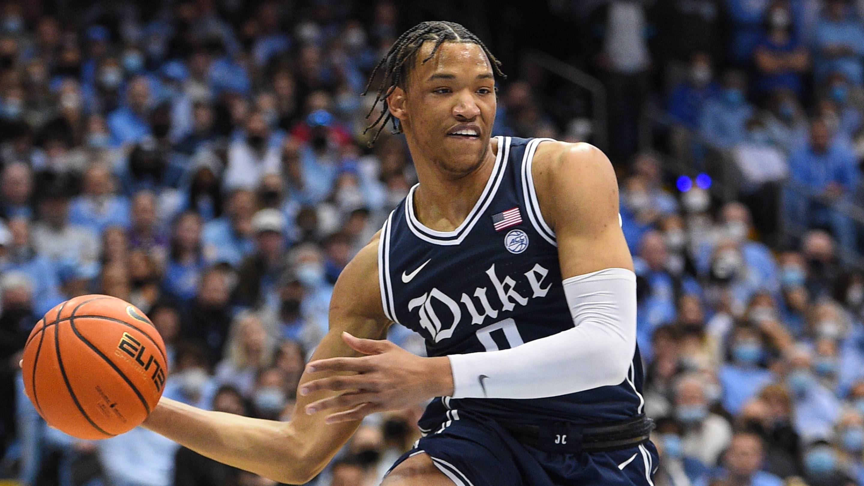Feb 5, 2022; Chapel Hill, North Carolina, USA; Duke Blue Devils forward Wendell Moore Jr. (0) looks to pass in the first half at Dean E. Smith Center. Mandatory Credit: Bob Donnan-USA TODAY Sports