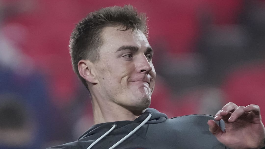 Dec 25, 2025; Kansas City, Missouri, USA; Denver Broncos quarterback Bo Nix (10) warms up before the game at GEHA Field at Arrowhead Stadium. Mandatory Credit: Denny Medley-Imagn Images