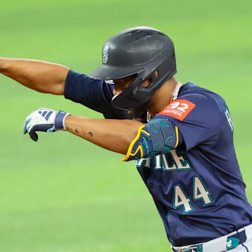 Seattle Mariners center fielder Julio Rodriguez (44) reacts after hitting a double during the third inning against the Texas Rangers at Globe Life Field on June 27. 