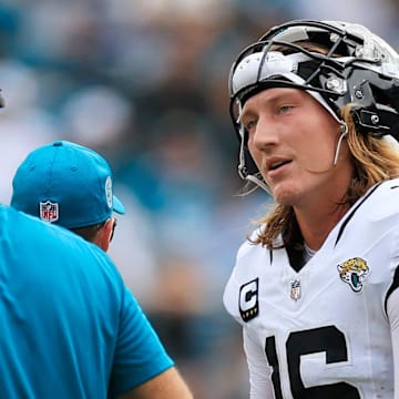 Jacksonville Jaguars quarterback Trevor Lawrence (16) talks with head coach Doug Pederson during the fourth quarter of an NFL football matchup Sunday, Sept. 15, 2024 at EverBank Stadium in Jacksonville, Fla. The Browns defeated the Jaguars 18-13. [Corey Perrine/Florida Times-Union]