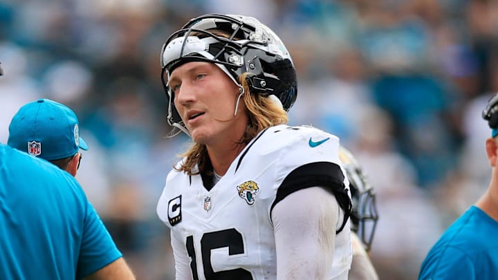 Jacksonville Jaguars quarterback Trevor Lawrence (16) talks with head coach Doug Pederson during the fourth quarter of an NFL football matchup Sunday, Sept. 15, 2024 at EverBank Stadium in Jacksonville, Fla. The Browns defeated the Jaguars 18-13. [Corey Perrine/Florida Times-Union]