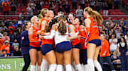 Auburn Tigers Volleyball celebrates their win over the Vanderbilt Commodores
