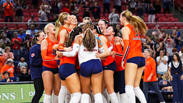 Auburn Tigers Volleyball celebrates their win over the Vanderbilt Commodores
