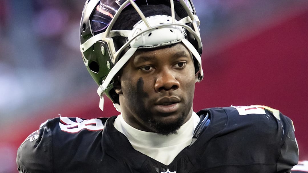 Dec 21, 2025; Glendale, Arizona, USA; Atlanta Falcons defensive lineman Ruke Orhorhoro (98) against the Arizona Cardinals at State Farm Stadium. 