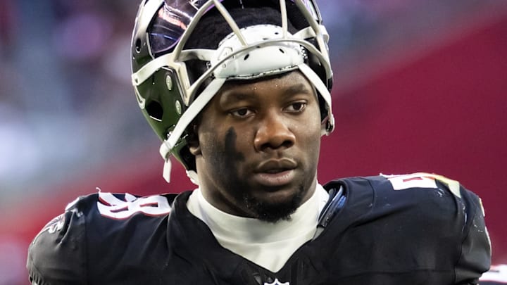 Dec 21, 2025; Glendale, Arizona, USA; Atlanta Falcons defensive lineman Ruke Orhorhoro (98) against the Arizona Cardinals at State Farm Stadium. 