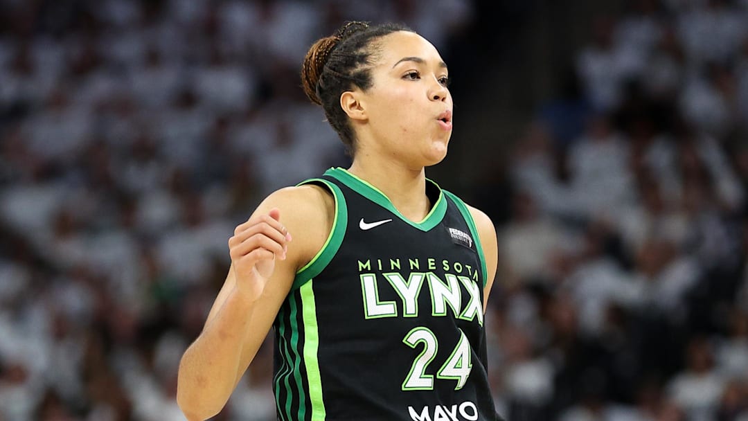 Oct 18, 2024; Minneapolis, Minnesota, USA; Minnesota Lynx forward Napheesa Collier (24) reacts to her missed shot against the New York Liberty during the first half of game four of the 2024 WNBA Finals at Target Center. Mandatory Credit: Matt Krohn-Imagn Images
