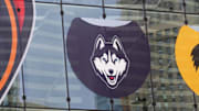 Apr 6, 2024; Cleveland, OH, USA; A general overall view of the NCAA Womens Final Four and the logos of the South Carolina Gamecocks, NC State Wolfpack, UConn Huskies and Iowa Hawkeyes on the the Rocket Mortgage FieldHouse facade. Mandatory Credit: Kirby Lee-Imagn Images