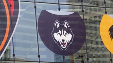Apr 6, 2024; Cleveland, OH, USA; A general overall view of the NCAA Womens Final Four and the logos of the South Carolina Gamecocks, NC State Wolfpack, UConn Huskies and Iowa Hawkeyes on the the Rocket Mortgage FieldHouse facade. Mandatory Credit: Kirby Lee-Imagn Images