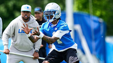 Detroit Lions wide receiver Jameson Williams makes a a catch at practice during OTAs at Meijer Performance Center in Allen Park on Friday, May 30, 2025.