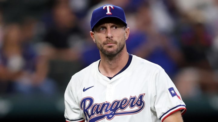 Jul 25, 2024; Arlington, Texas, USA; Texas Rangers pitcher Max Scherzer (31) walks off the field in the fifth inning against the Chicago White Sox at Globe Life Field. Mandatory Credit: Tim Heitman-USA TODAY Sports