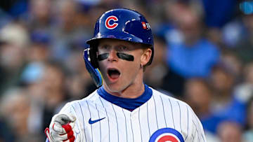 Oct 8, 2025; Chicago, Illinois, USA; Chicago Cubs center fielder Pete Crow-Armstrong (4) reacts after striking out against the Milwaukee Brewers in the third inning during game three of the NLDS round for the 2025 MLB playoffs at Wrigley Field. Mandatory Credit: Matt Marton-Imagn Images