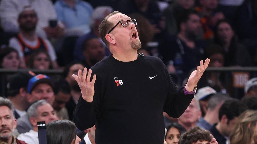 May 6, 2026; New York, New York, USA; Philadelphia 76ers head coach Nick Nurse reacts to a call against the New York Knicks during game five of the second round of the 2026 NBA Playoffs at Madison Square Garden. Mandatory Credit: Wendell Cruz-Imagn Images