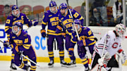 Minnesota State players celebrate a goal by David Silye during the first period of the game Saturday, Oct. 22, 2022, at the Herb Brooks National Hockey Center in St. Cloud.