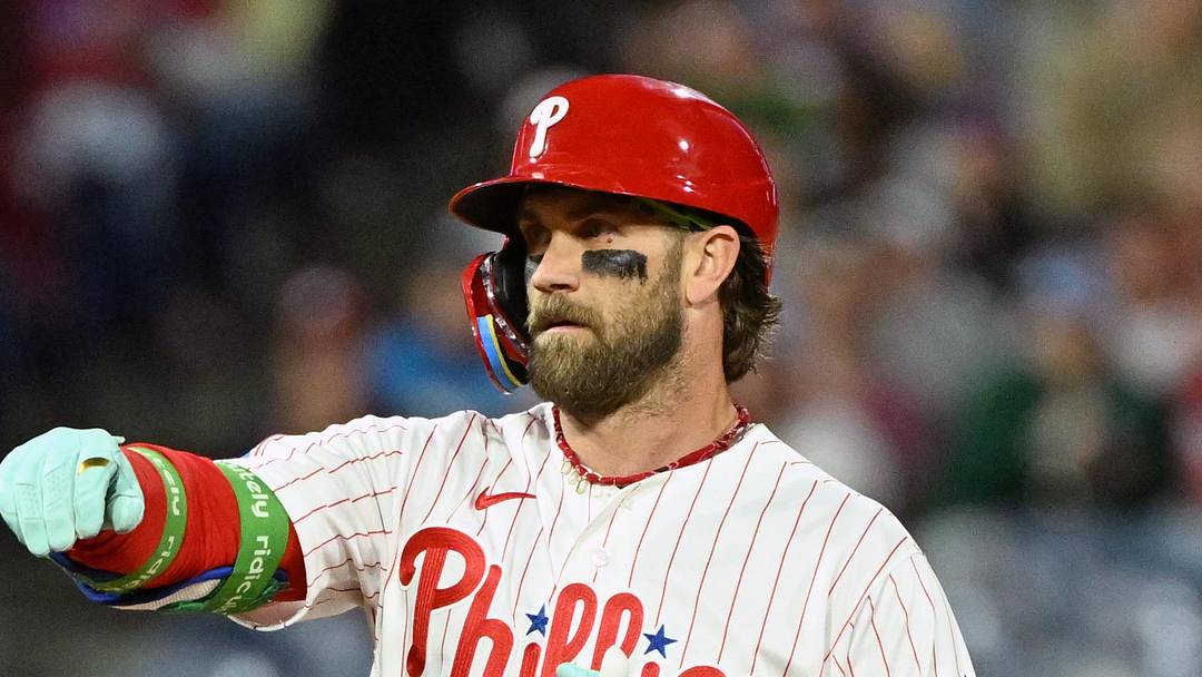 Apr 28, 2026; Philadelphia, Pennsylvania, USA; Philadelphia Phillies first baseman Bryce Harper (3) celebrates his RBI double against the San Francisco Giants during the sixth inning at Citizens Bank Park. Mandatory Credit: Eric Hartline-Imagn Images