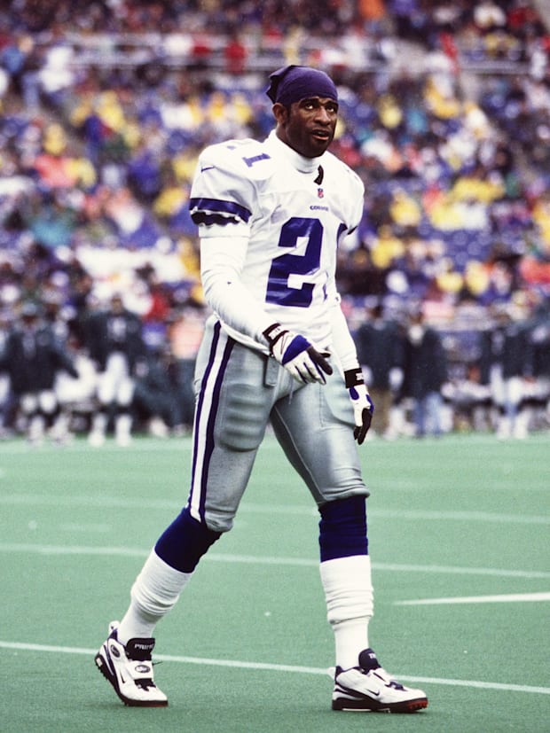 Oct 26, 1997; Philadelphia, PA, USA; FILE PHOTO; Dallas Cowboys defensive back Deion Sanders (21) walks off the field during 