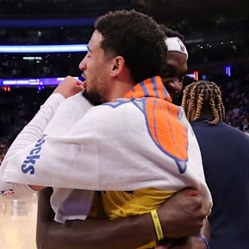 May 19, 2024; New York, New York, USA; Indiana Pacers guard Tyrese Haliburton (0) hugs forward Pascal Siakam (43) after defeating the New York Knicks in game seven of the second round of the 2024 NBA playoffs at Madison Square Garden. Mandatory Credit: Brad Penner-Imagn Images